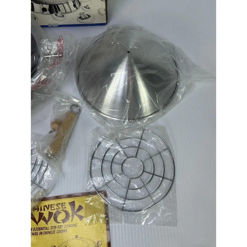 Vintage Pier 1 Mini Wok 6 Piece Nonstick Wok Lid Ring Steamer Tempura Book NOS